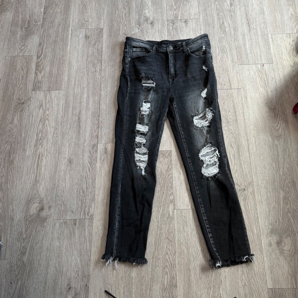 Risen Los Angeles Distressed Straight Leg Jeans Black Frayed Hem RDP1276 Size 11